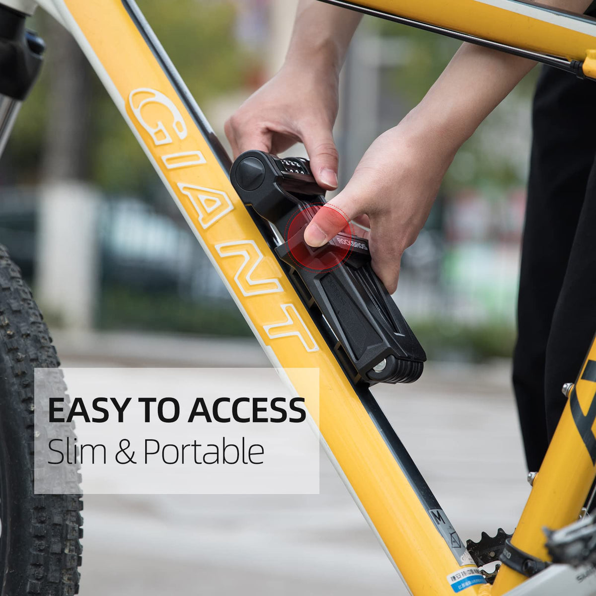 ROCKBROS lock next to water bottle showing folded size for easy portability benefit