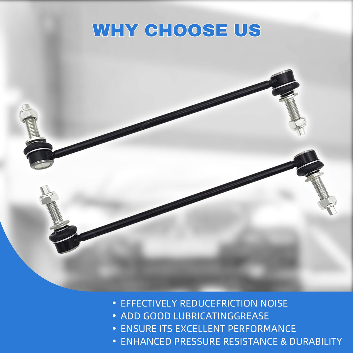 Rockplanet sway bar link installed on vehicle front suspension, demonstrates restored stability and reduced noise
