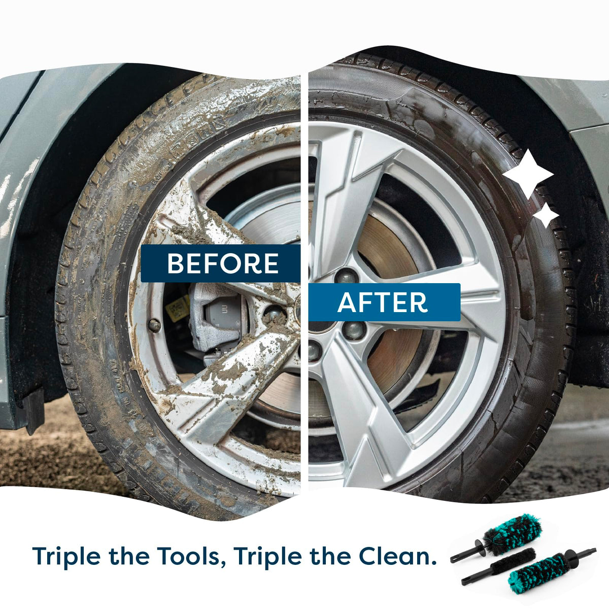 Rocktex brushes in use on a car wheel removing brake dust and grime efficiently