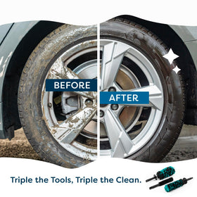 Rocktex brushes in use on a car wheel removing brake dust and grime efficiently