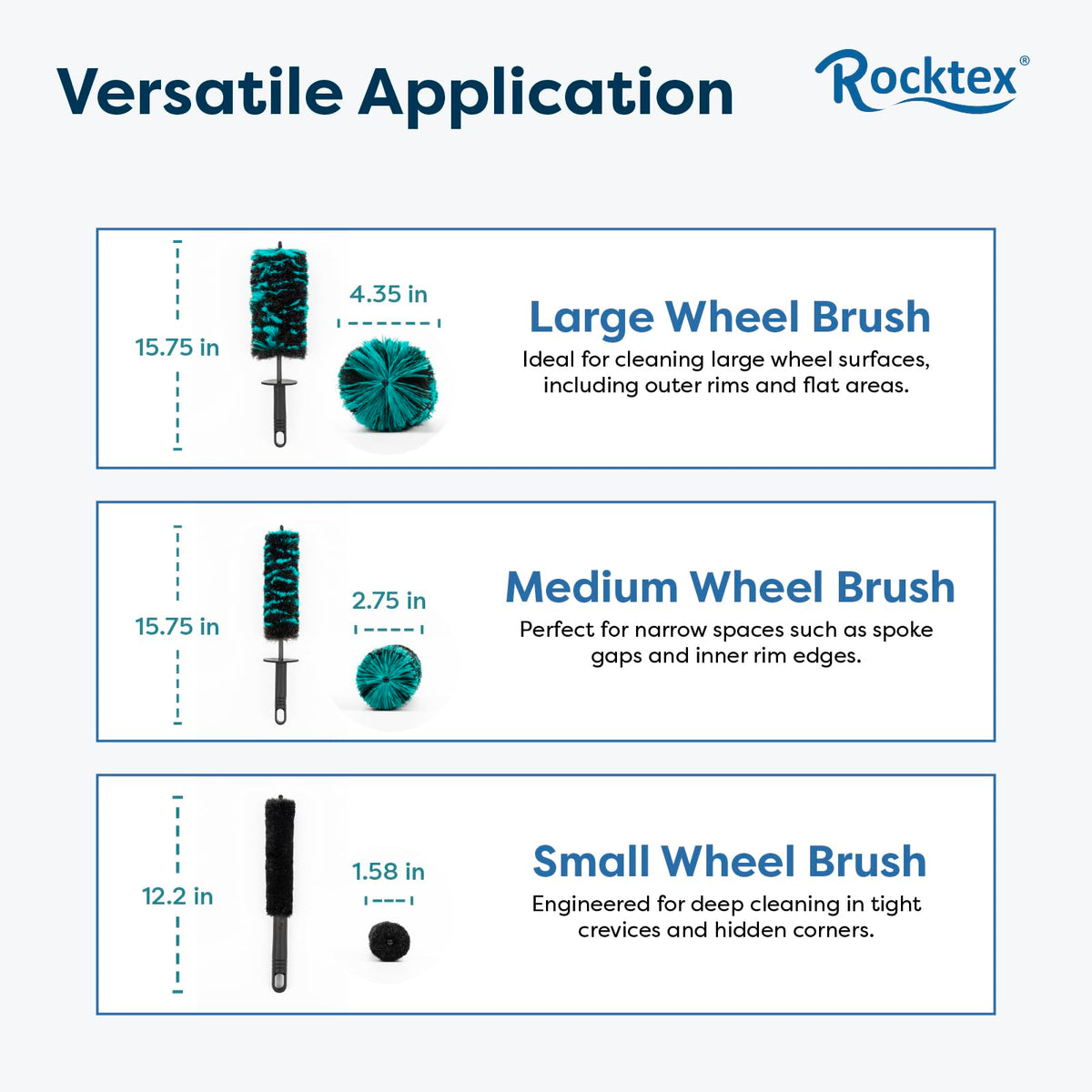 Rocktex size comparison with ruler illustrating scale and reach of each brush