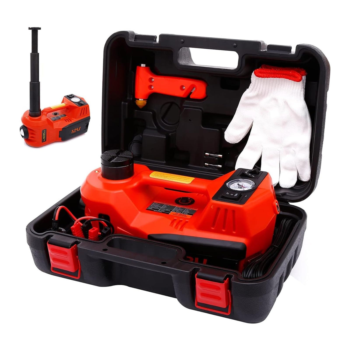 ROGTZ front view of electric jack kit showing organized case and red triangle for quick roadside access, improving readiness
