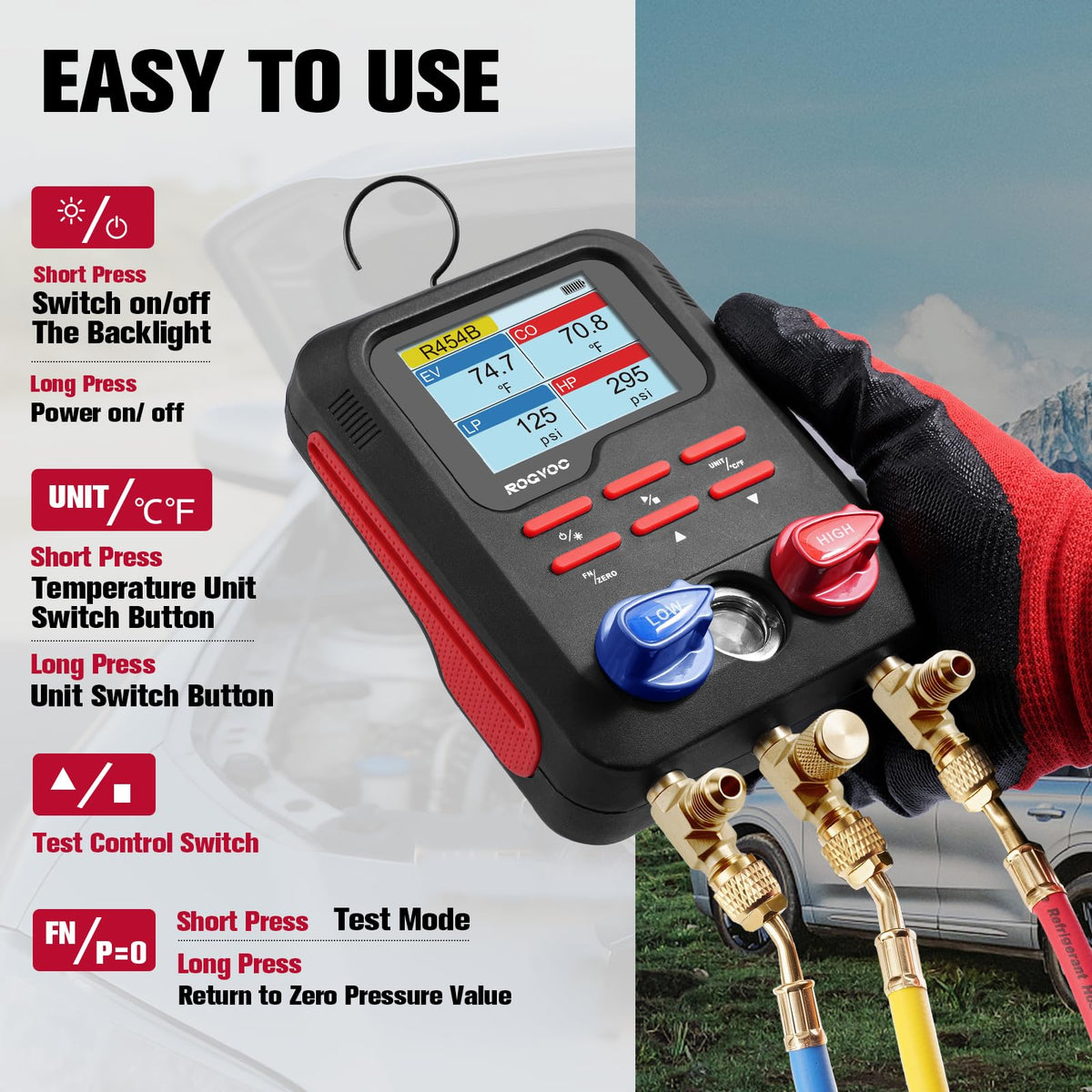 Rogvoc back hook hanging on ladder for hands-free jobsite convenience