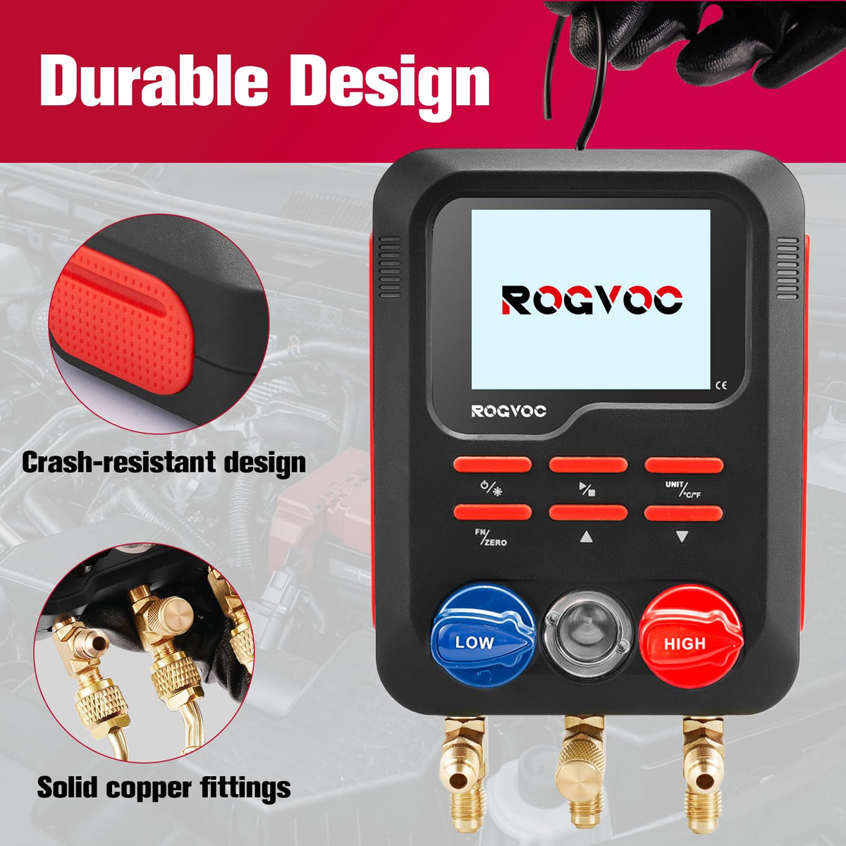 Rogvoc in use on AC unit showing diagnostics and charging workflow