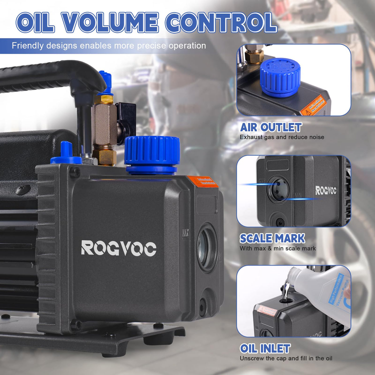 Rogvoc intake filter and oil trap protecting pump internals and longevity