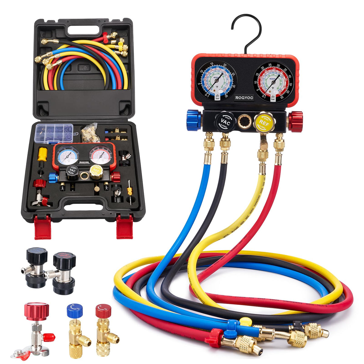 Rogvoc manifold front view showing gauges and benefits accurate readings