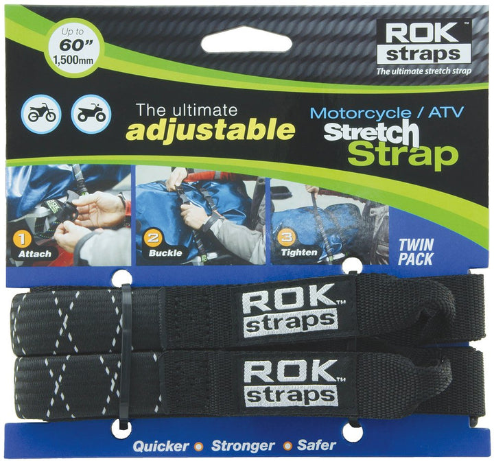 ROK Straps front view of black reflective strap showing buckle and loop end for secure loads
