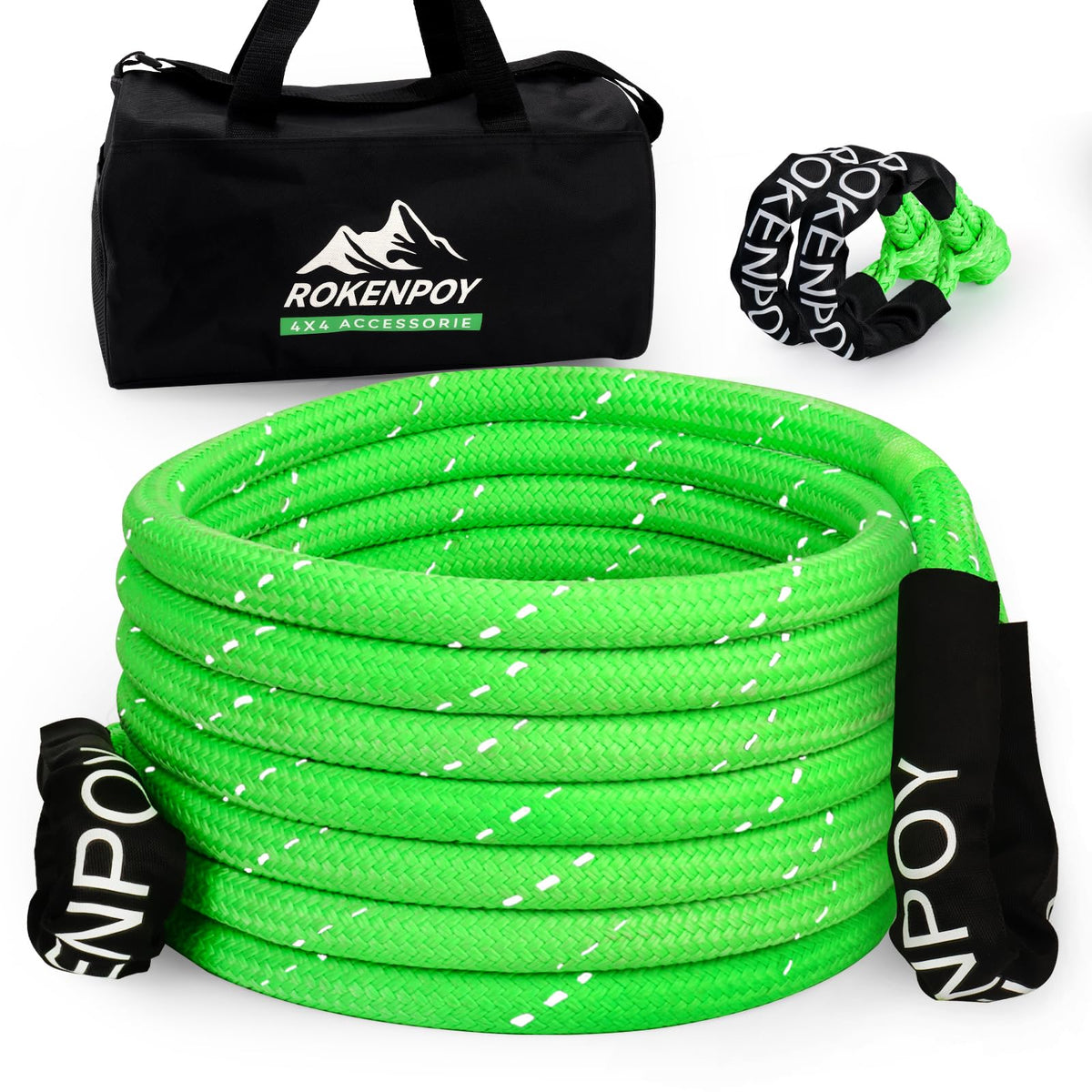 ROKENPOY front view of packaged recovery rope showing kit and benefits