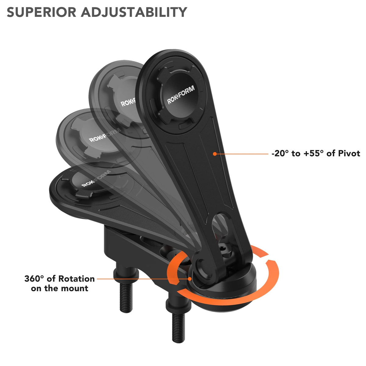 Rokform tilt adjustment demo showing -20 to +55 degree range for better visibility