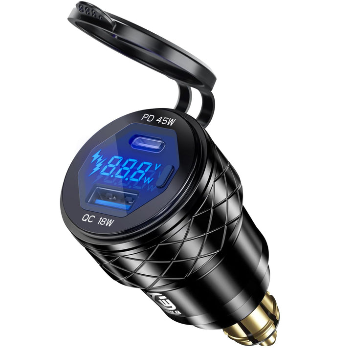 Rolokit front view of DIN Hella USB adapter showing dual ports and voltmeter, fast charging