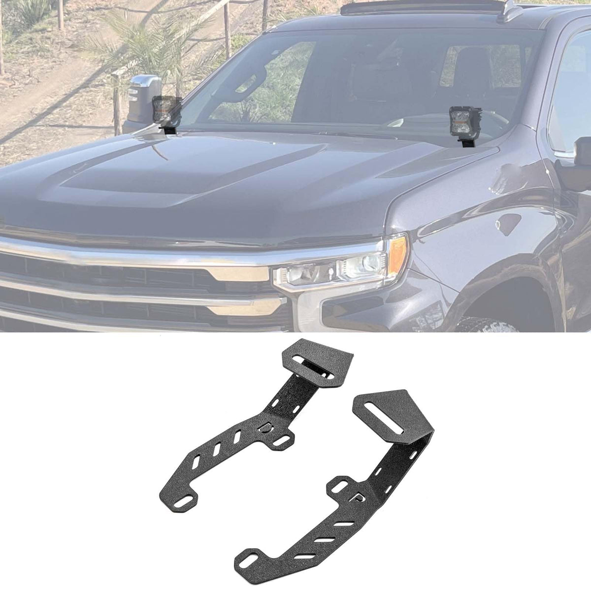 ROMELACK front view of hood light mounts showing fit and hardware benefits