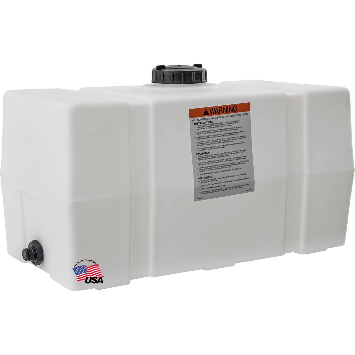 RomoTech 50 gallon tank front view showing shape and markings, durable storage