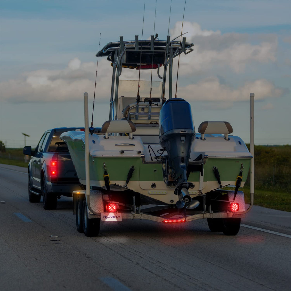 RONSTA lights installed on boat trailer at night improving rear visibility