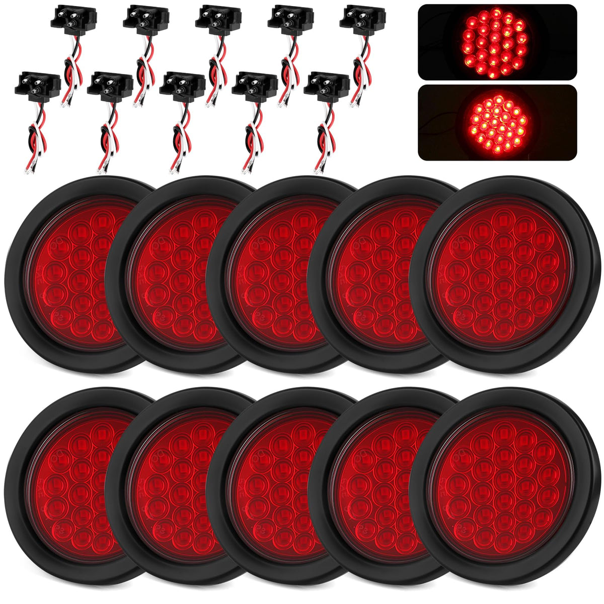 Ronybuy front view of 4-inch round LED tail lights showing bright red lens and matched set benefit