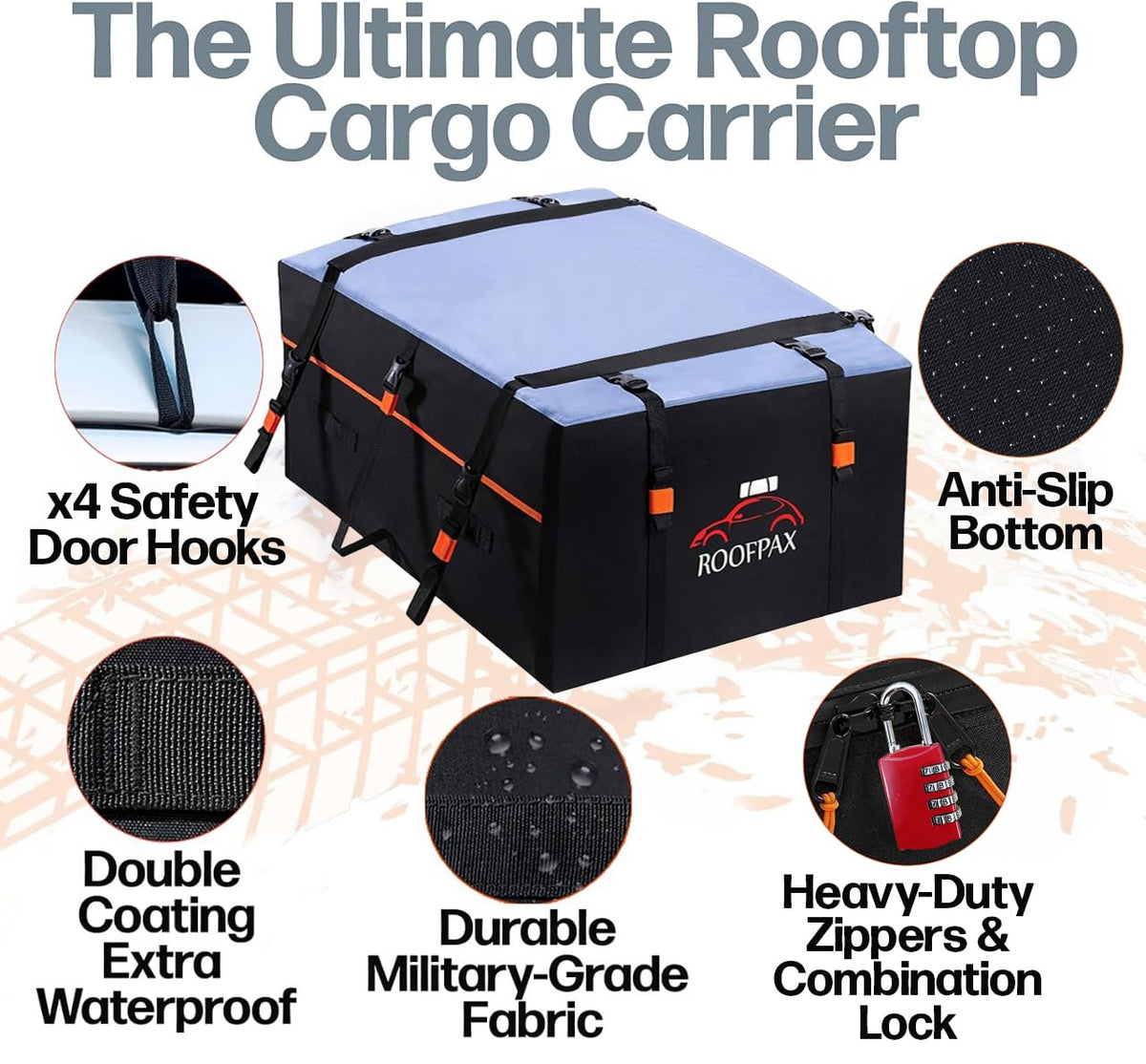 RoofPax patented door hook attached to car door frame, brand ensures stable anchoring