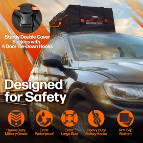 RoofPax assortment of straps and hooks laid out highlighting secure fastenings