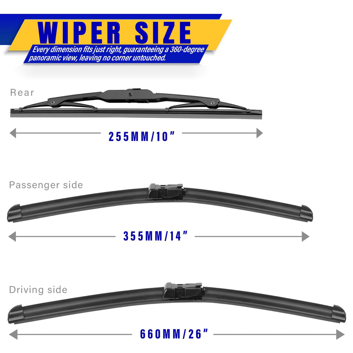 Rooppa wiper blades laid flat showing 26, 14, and 10 inch sizes for correct fit