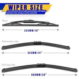 Rooppa wiper blades laid flat showing 26, 14, and 10 inch sizes for correct fit