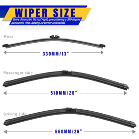 Rooppa wiper blades laid out 26, 20, 13 inches for accurate fit advantage