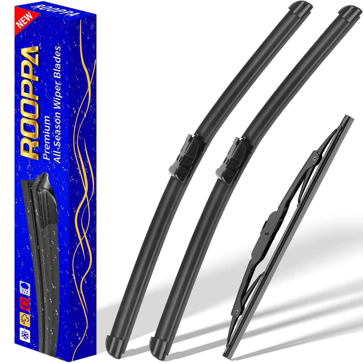 Rooppa front packaging showing three wiper blades and clear fit information