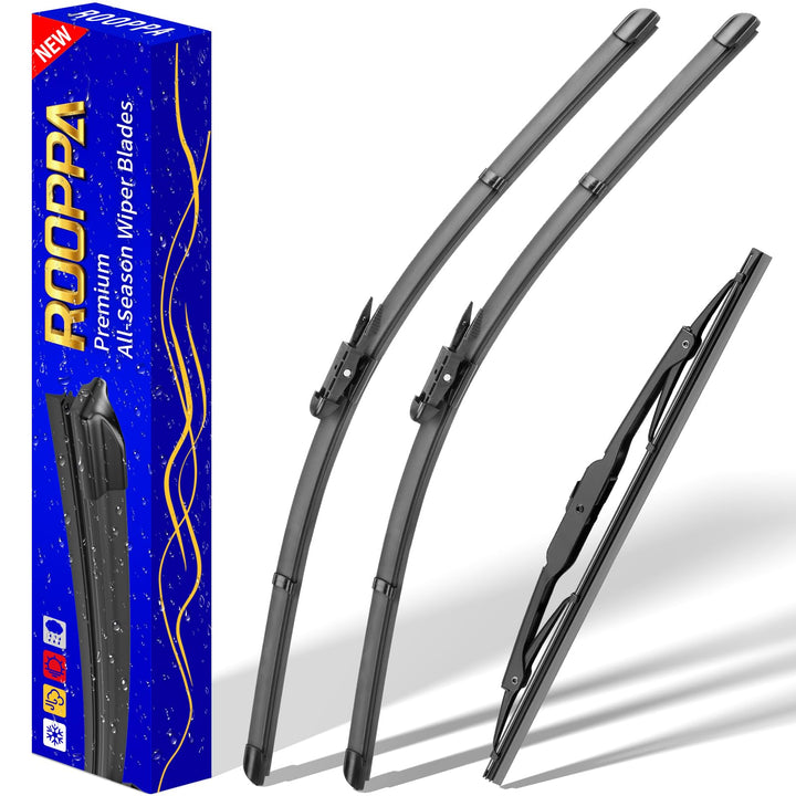 Rooppa front packaging showing full 3-piece Chevy Traverse wiper set, easy replacement