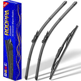 Rooppa front packaging for GMC Acadia wiper set showing complete kit and benefit of ready fit