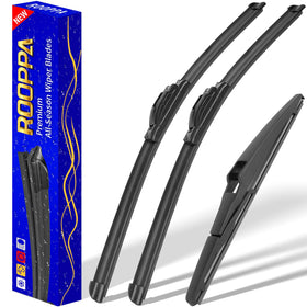 Rooppa front packaging showing three wiper blades and included manual for easy replacement