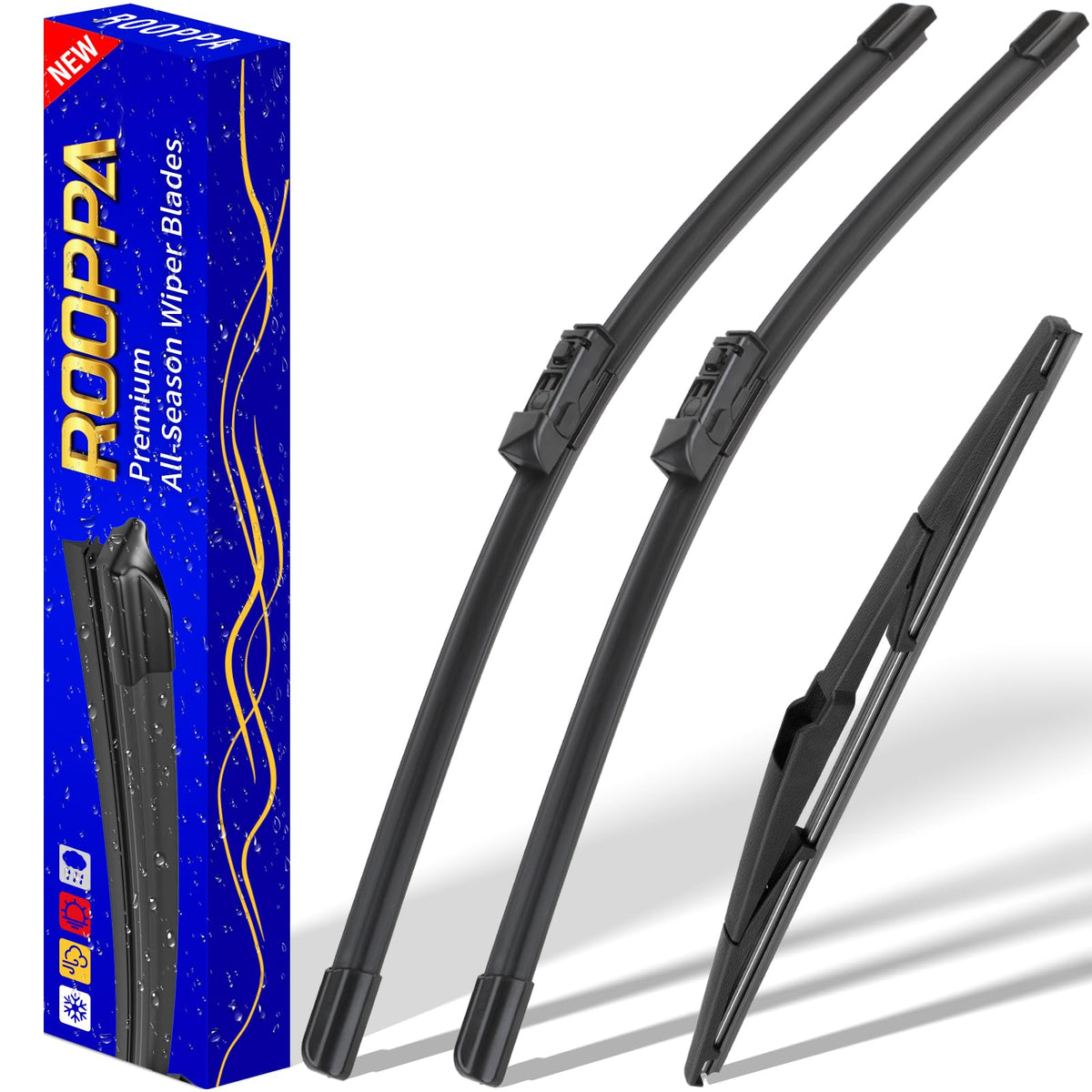 Rooppa front packaging showing 3-piece Mazda wiper kit and quick fit benefit