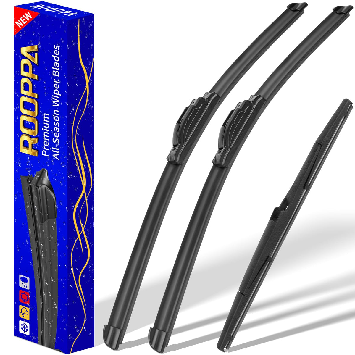 Rooppa front packaging showing three replacement wiper blades and sizes, clear fit information