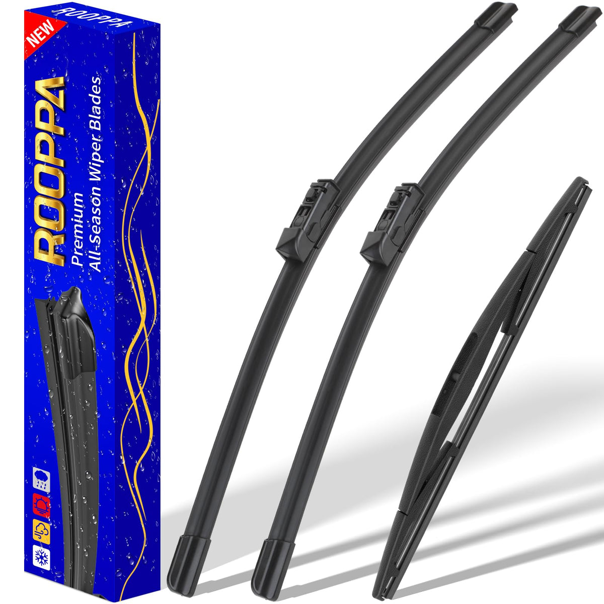 Rooppa front packaging of 3-piece wiper set showing sizes and benefits