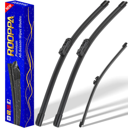 Rooppa front-packaging showing complete 3-piece wiper kit and fitment information