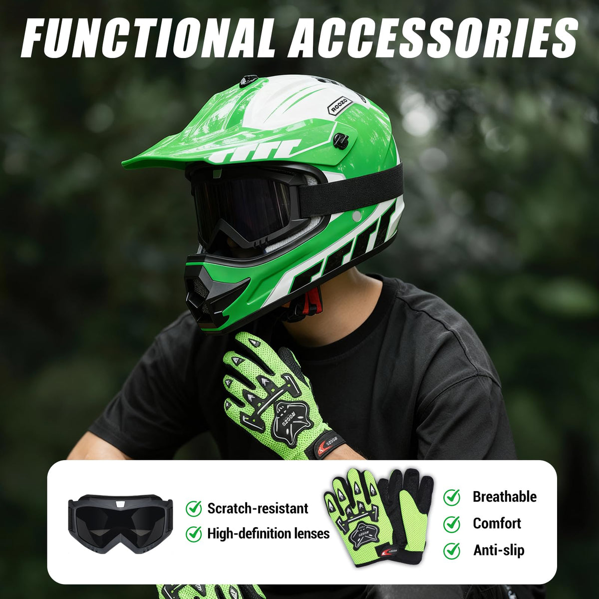 ROOZO gloves and goggles flat lay illustrating included complete rider kit