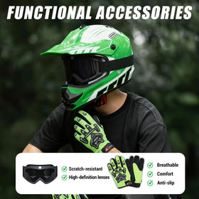 ROOZO gloves and goggles flat lay illustrating included complete rider kit
