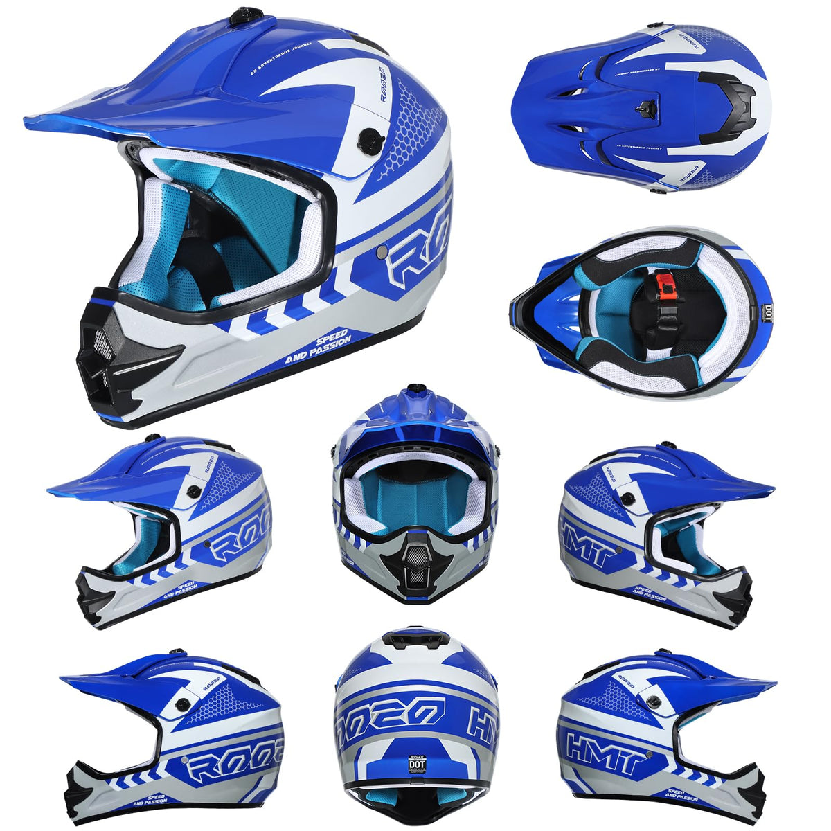 ROOZO helmet with goggles and gloves flatlay showing ready-to-ride kit