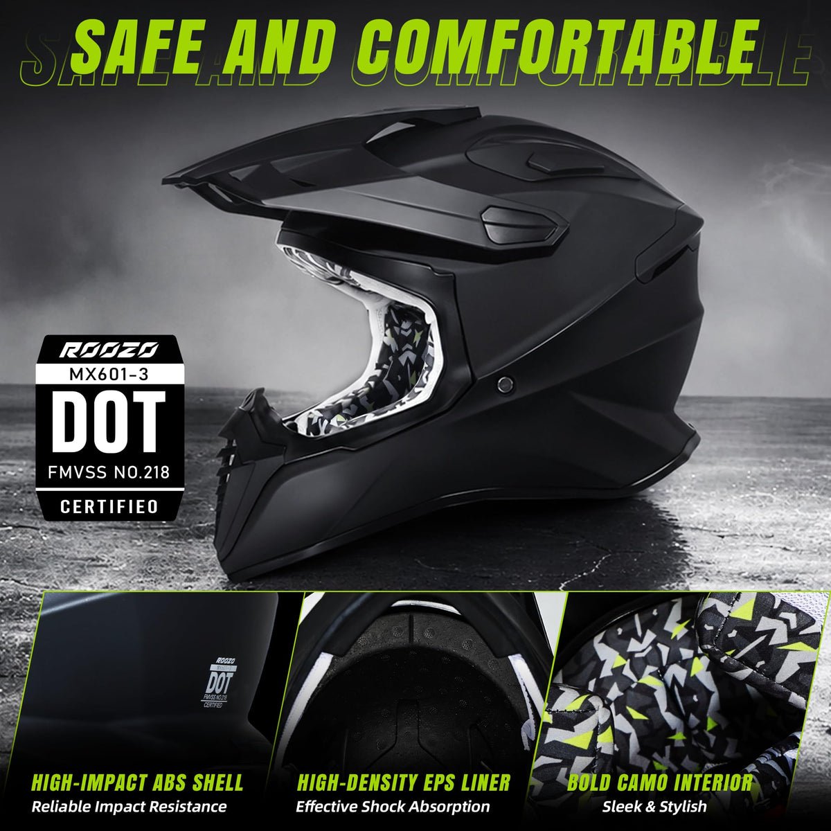 Roozo helmet side close-up of detachable visor and impact shell benefit