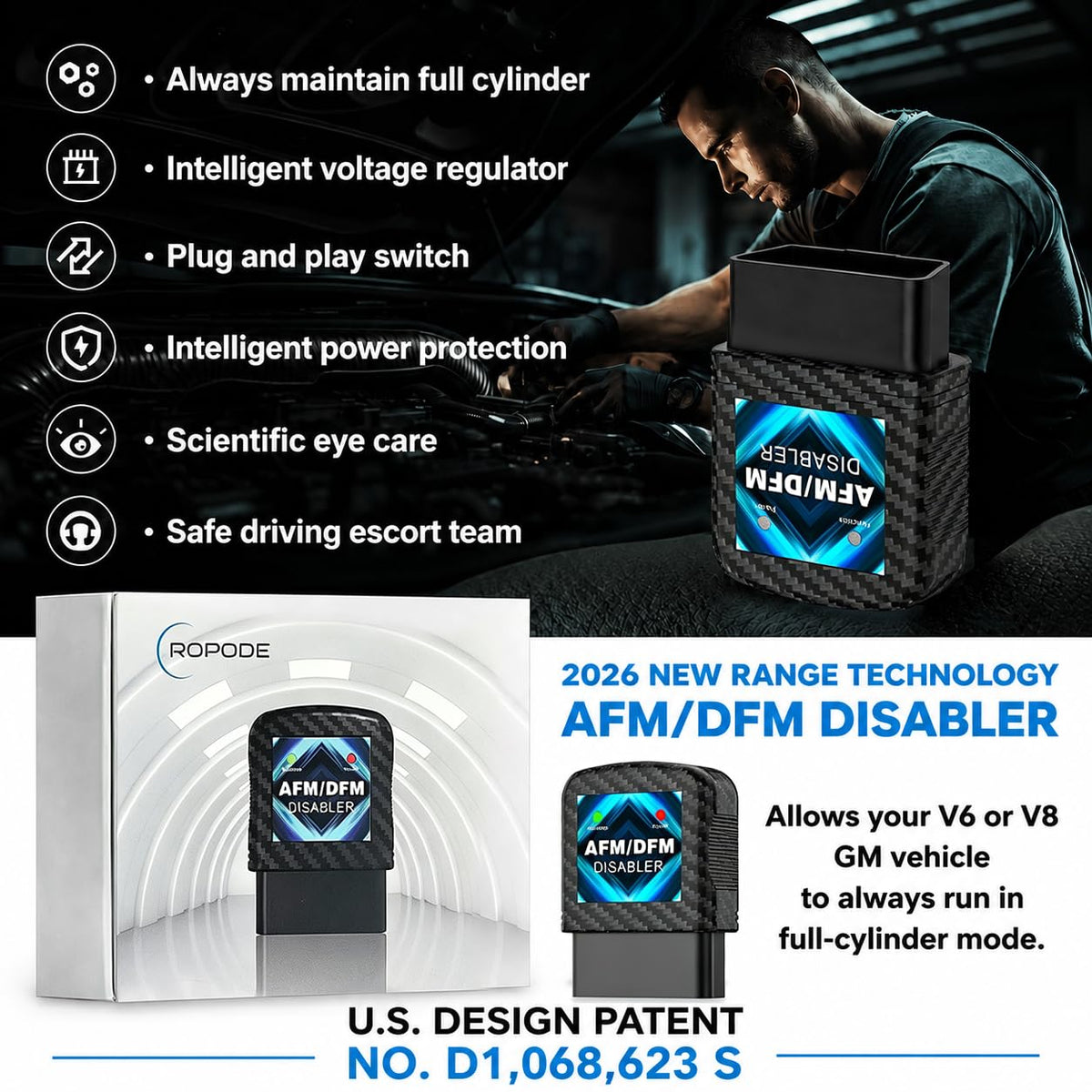 ROPODE AFM Disabler close-up label showing model marking and patent info for user confidence