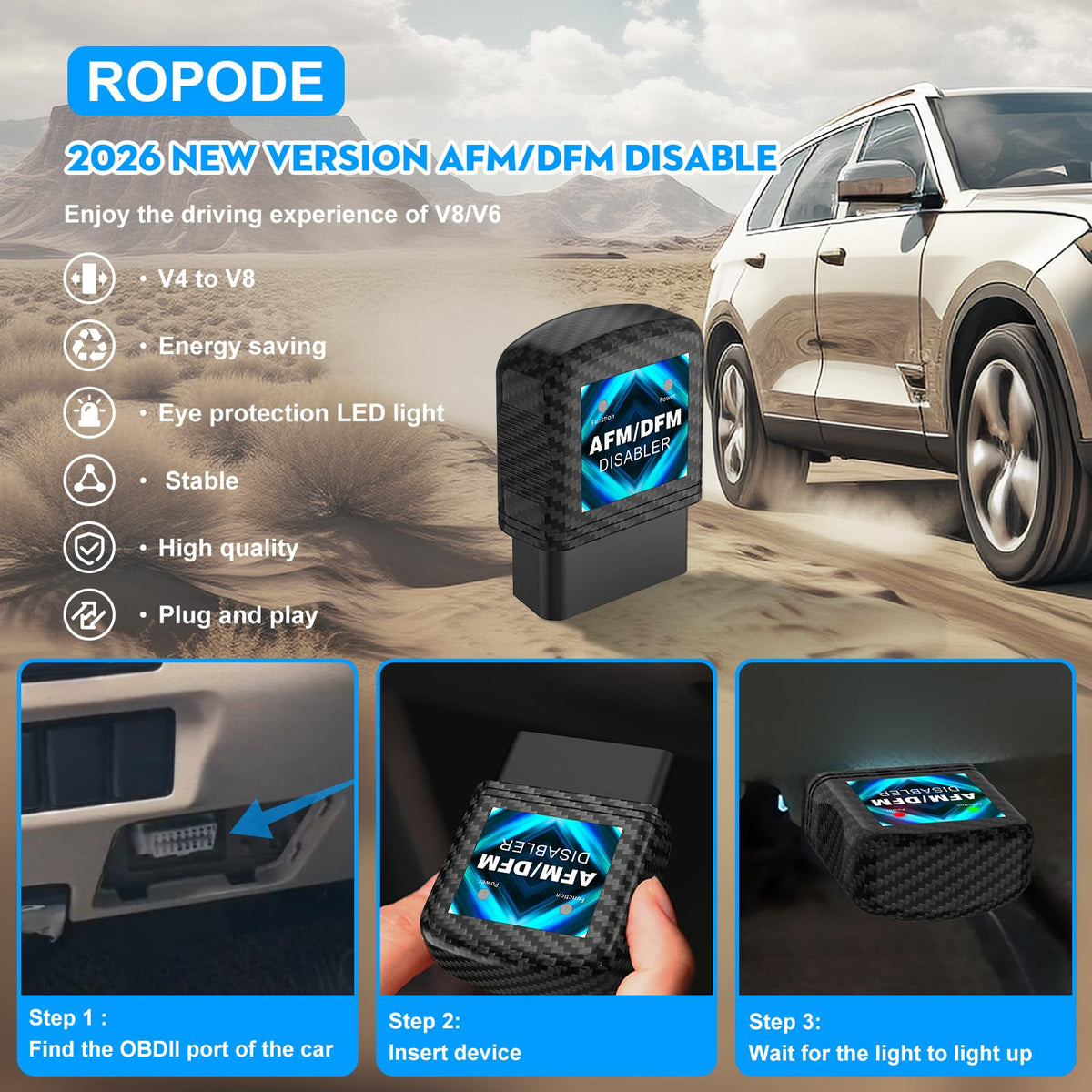 ROPODE AFM Disabler plugged into vehicle OBD-II port demonstrating quick tool-free installation benefit