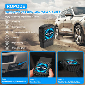 ROPODE AFM Disabler plugged into vehicle OBD-II port demonstrating quick tool-free installation benefit
