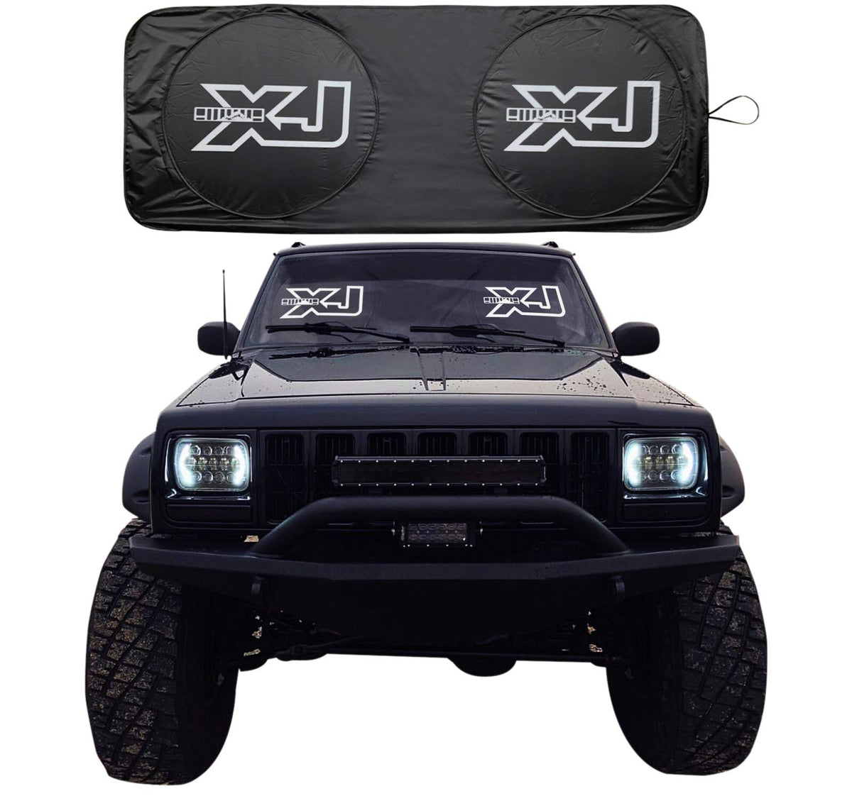 Rorex Cherokee XJ sunshade front view showing full windshield coverage and neat fit