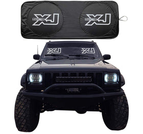 Rorex Cherokee XJ sunshade front view showing full windshield coverage and neat fit
