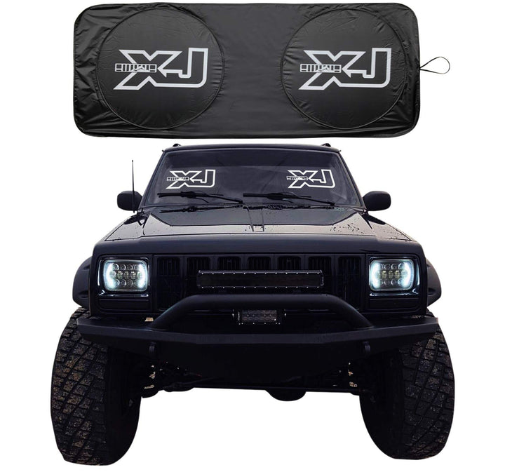 Rorex Cherokee XJ sunshade front view showing full windshield coverage and neat fit