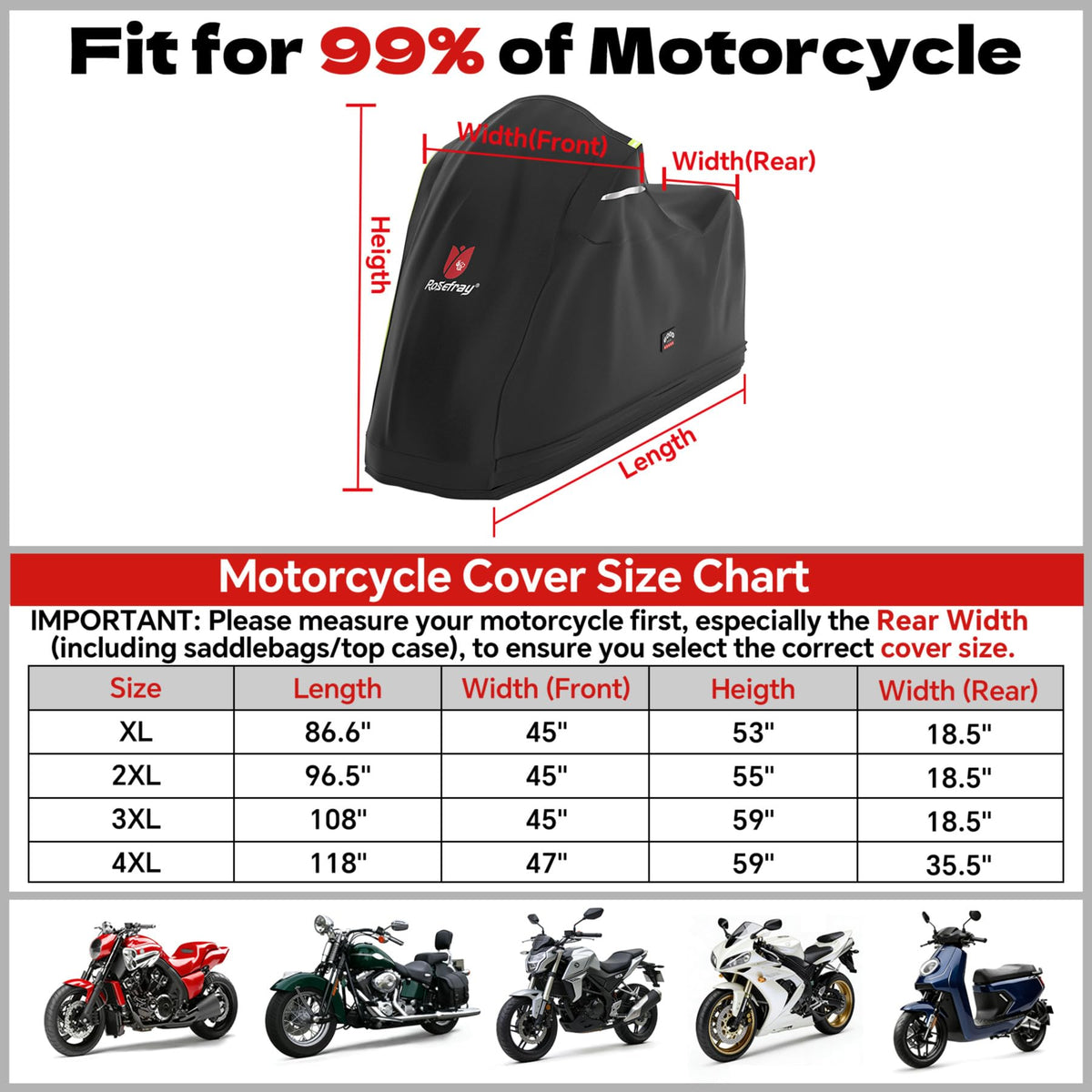 Rosefray cover on motorcycle outdoors shielding from rain and UV damage