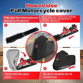 Rosefray cover size comparison beside motorcycle demonstrating fit for 108 inches