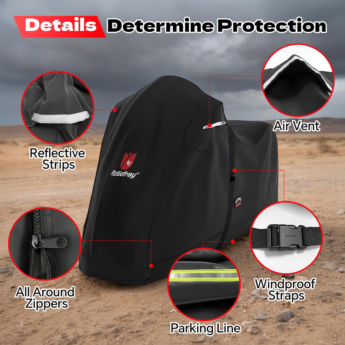 Rosefray zipper and double-stitched seam reinforcement improving leak resistance