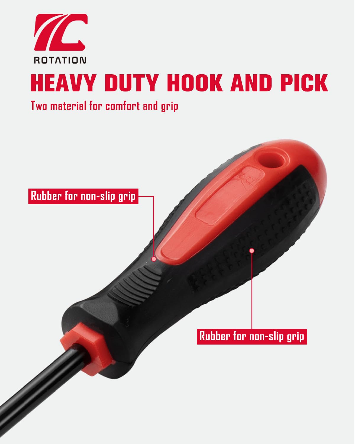 ROTATION ergonomic handle detail highlighting non‑slip grip and oil resistance