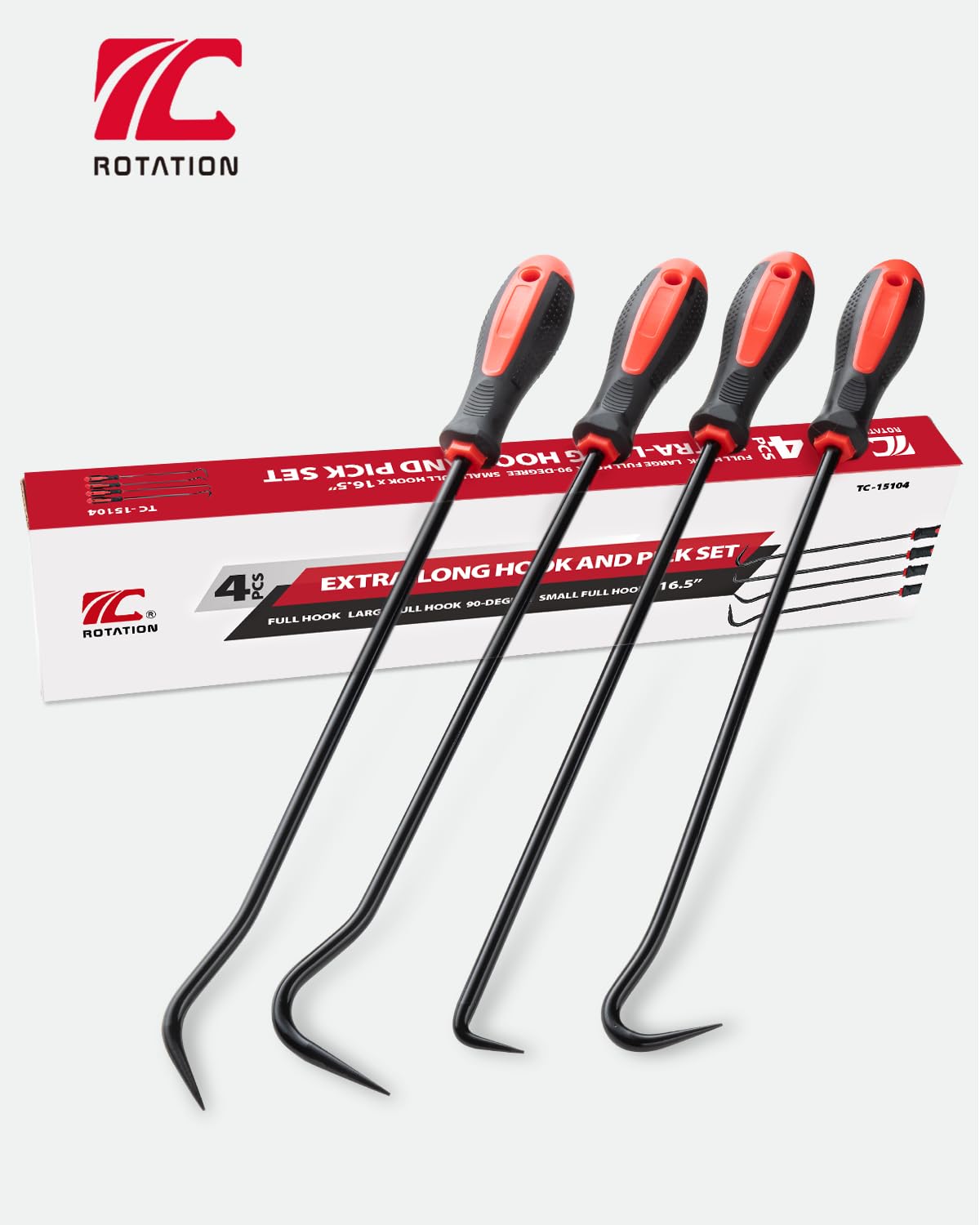 ROTATION hook and pick set on a workbench with parts, demonstrating workshop versatility