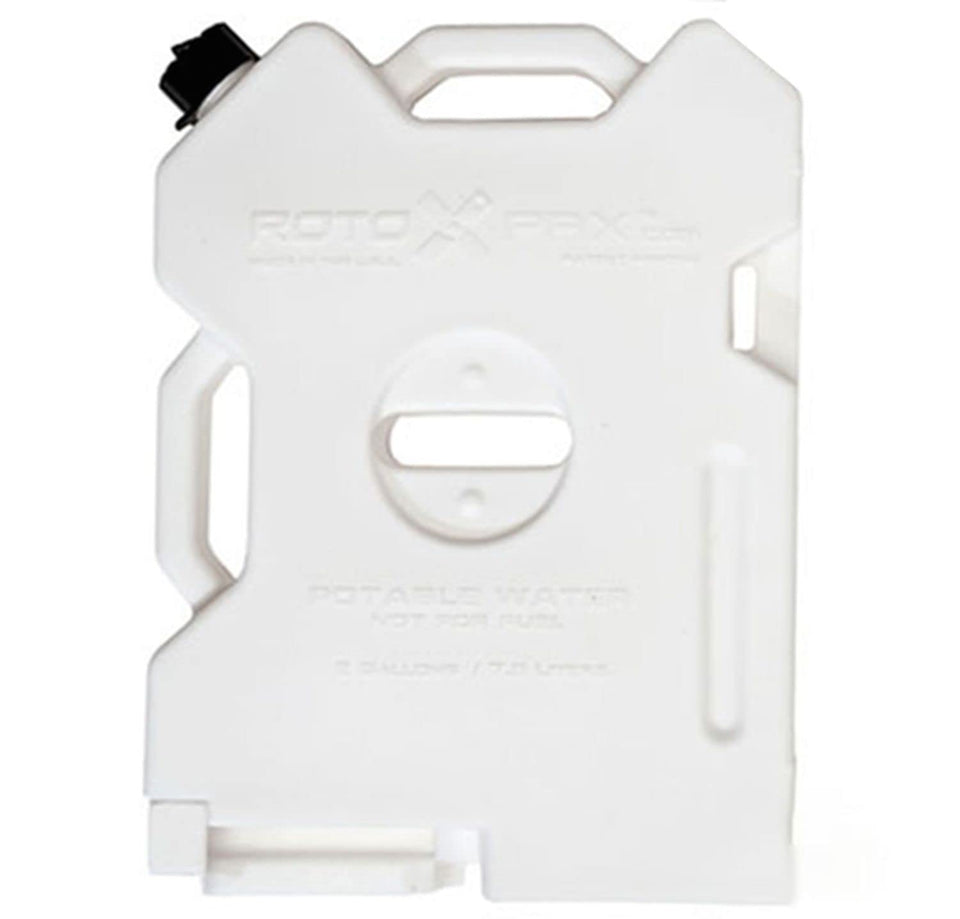 RotopaX 2 gallon GEN 2 white pack front view showing slim stackable design and easy storage