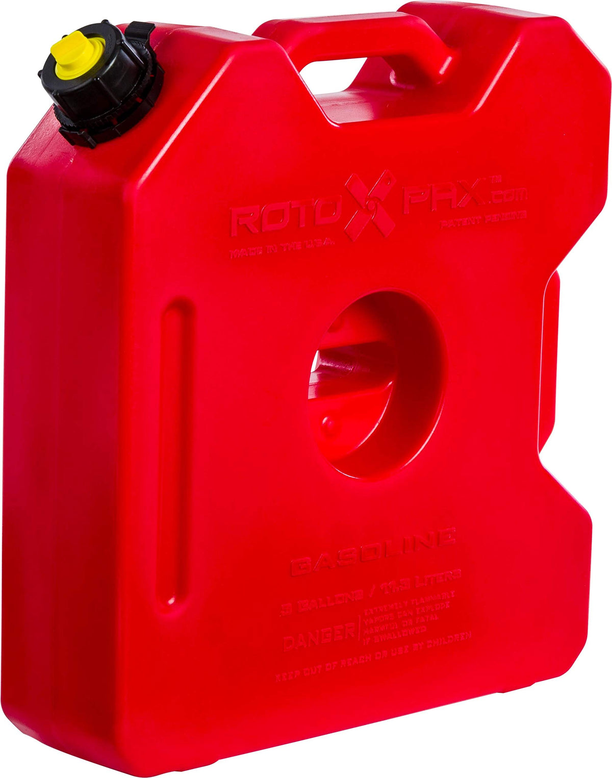 RotopaX 3 gallon pack front view showing flat profile and secure cap for safe transport