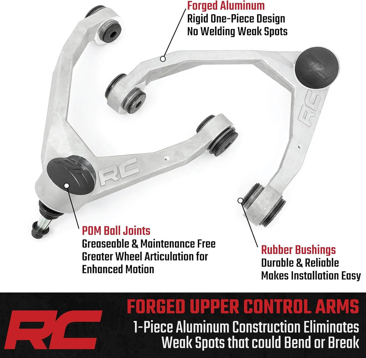 Rough Country control arm held in hand to show scale and lightweight strength benefit