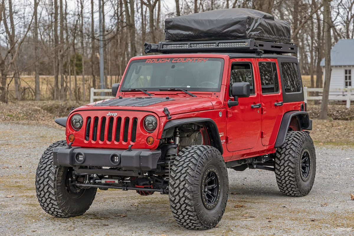 Rough Country side-profile comparing stock bumper vs stubby cap for compact stance